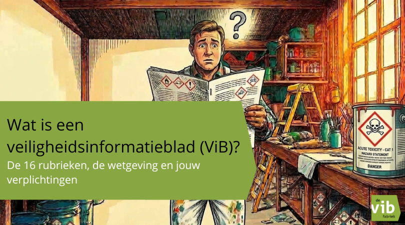 Illustratie van een schilder in een werkplaats die verbaasd een veiligheidsinformatieblad met GHS-pictogrammen vasthoudt