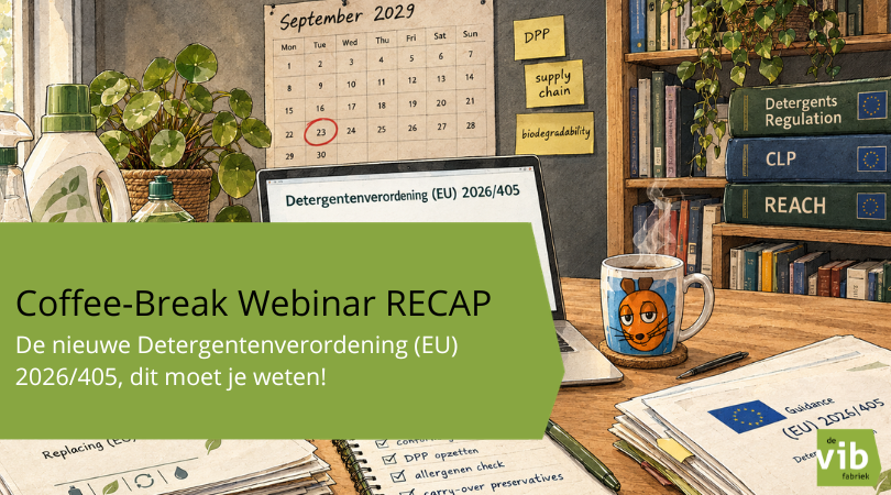Illustratie in graphic novel-stijl van een bureau met laptop, reinigingsproducten, EU-regelgevingsdocumenten en een kalender met september 2029 omcirkeld, als featured image bij de Coffee-Break webinar recap over de nieuwe Detergentenverordening (EU) 2026/405